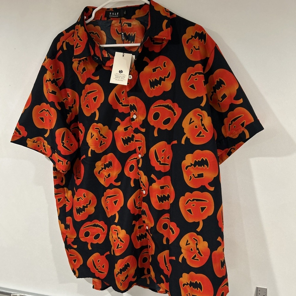 SSLR Halloween Freaky Pumpkin AOP Jack O Lantern Casual Shirt MEN'S Size XL